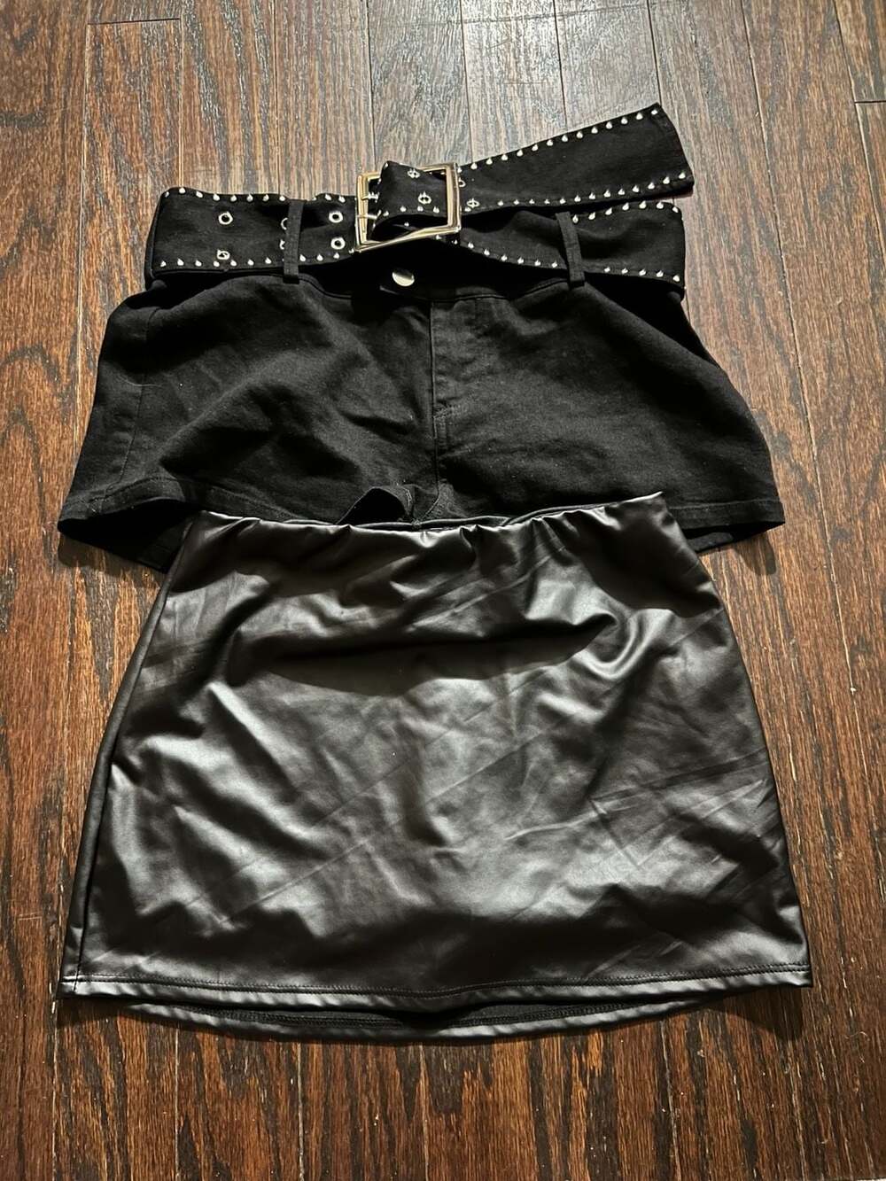 Windsor Black Bottoms Bundle ( M )– Faux Leather Mini Skirt + Belted Shorts